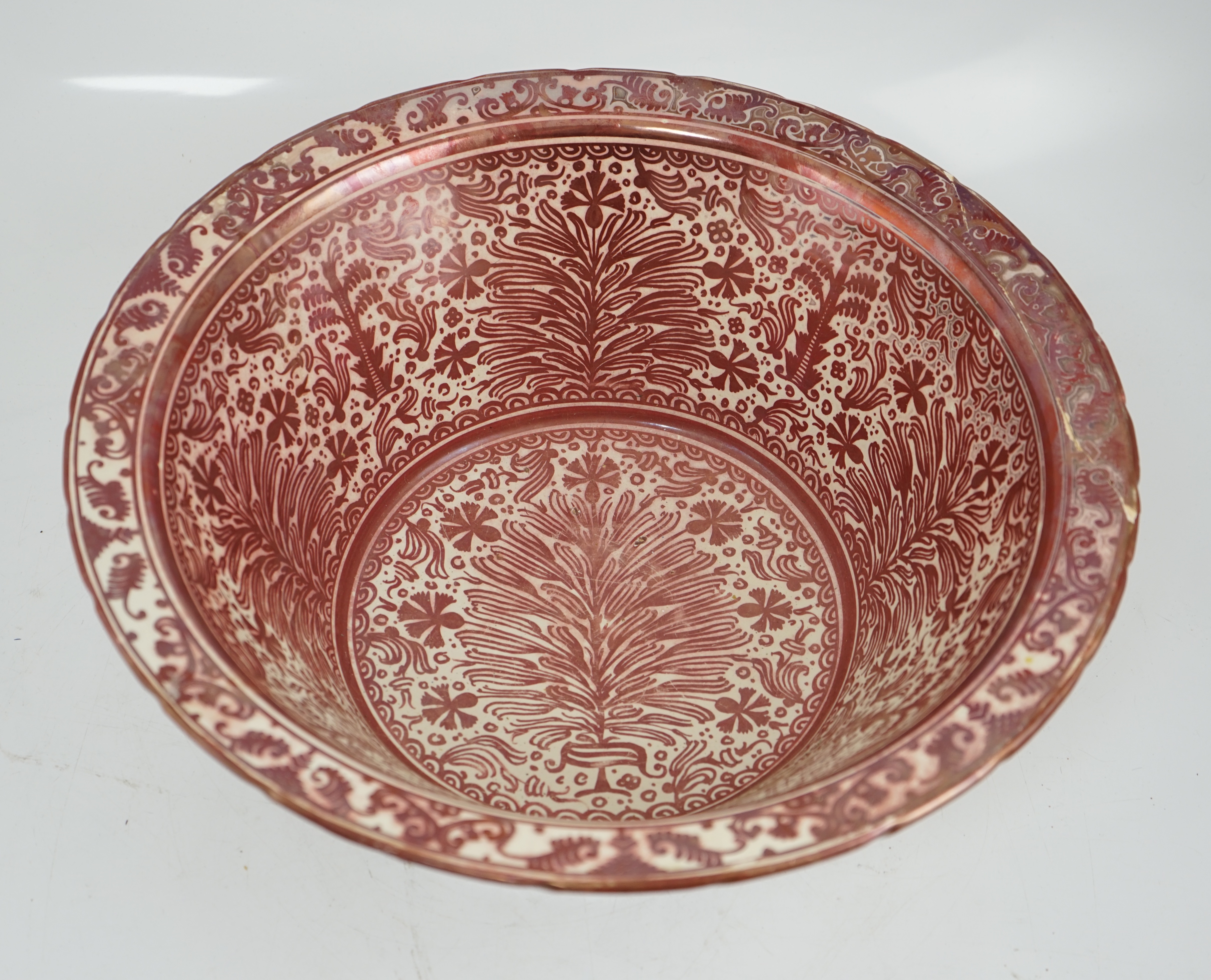 Ulisse Cantagalli, a large Hispano-Moresque style ruby-copper lustre basin, c.1900